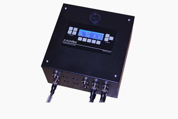Example of an advanced robotic nozzle electronics box (PLC) for controlling the robots' brushless BLDC motors and for hookup to other peripheral devices and systems. Image courtesy of Unifire AB.