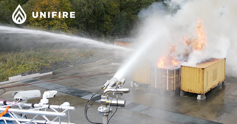 Unifire Force 50 FlameRanger Remote Control and Autonomous Fire Monitor Extinguishing Large Fire